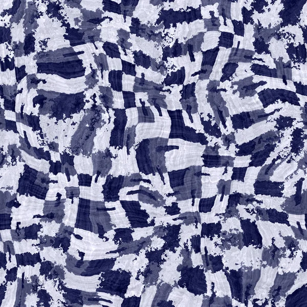 Nahtlose indigogefärbte, verdrehte Bandana-Textur. Blauer dunkel gewebter Baumwolleffekt Hintergrund. Wiederholen Sie das indonesische Batikmuster. Weißer Block gedruckt Glitch auf allen Textilien. Abgenutzte Boho-Stoff-Print-Fliese — Stockfoto