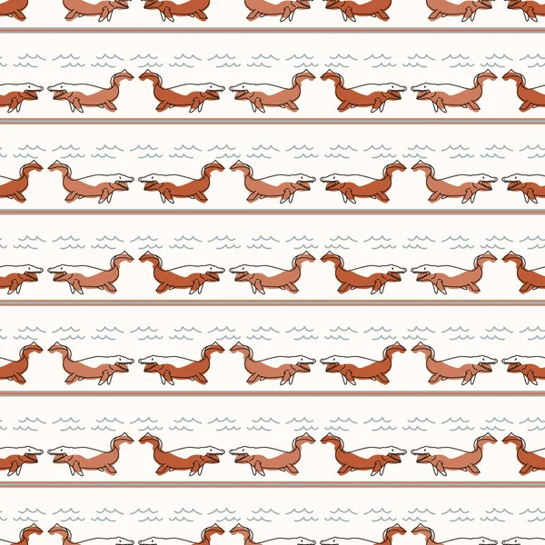 シームレスな背景モササウルスの恐竜のストライプ性別中性赤ちゃんのパターン。シンプルな気まぐれな最小限の土っぽい2トーンの色。子供の保育園壁紙やboho漫画動物ファッション｜print. — ストックベクタ