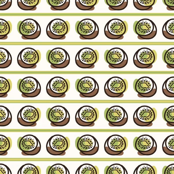 Nahtloser Hintergrund niedlichen Kiwi Scheibe Streifen. Geschlechtsneutrales Ernährungsmuster für Kinder. Einfache skurrile minimale erdige 2-Ton-Farbe. Kinderstube Tapete oder Boho dekorativen Garten Dekor auf dem ganzen Druck. — Stockvektor