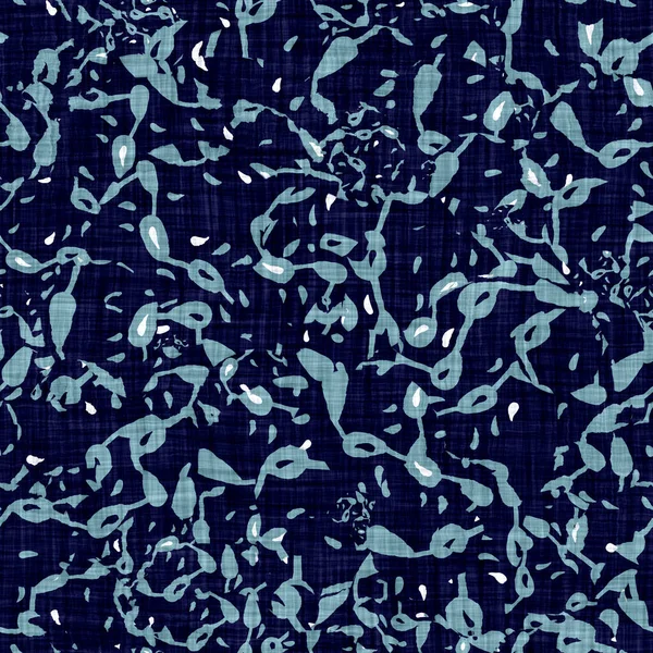 Indigo blue block print damask dyed texture background. Seamless woven japanese repeat batik pattern swatch. Wrinkled organic distressed block print cotton cloth. Asian all over kimono textile. — Stock Photo, Image