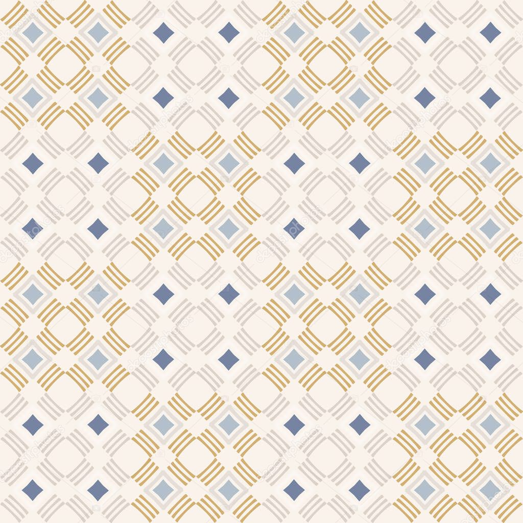 Seamless geometric cross grid pattern in french blue linen shabby chic style. Hand drawn texture. Old yellow blue background. Interior wallpaper home decor swatch. Modern retro textile all over print