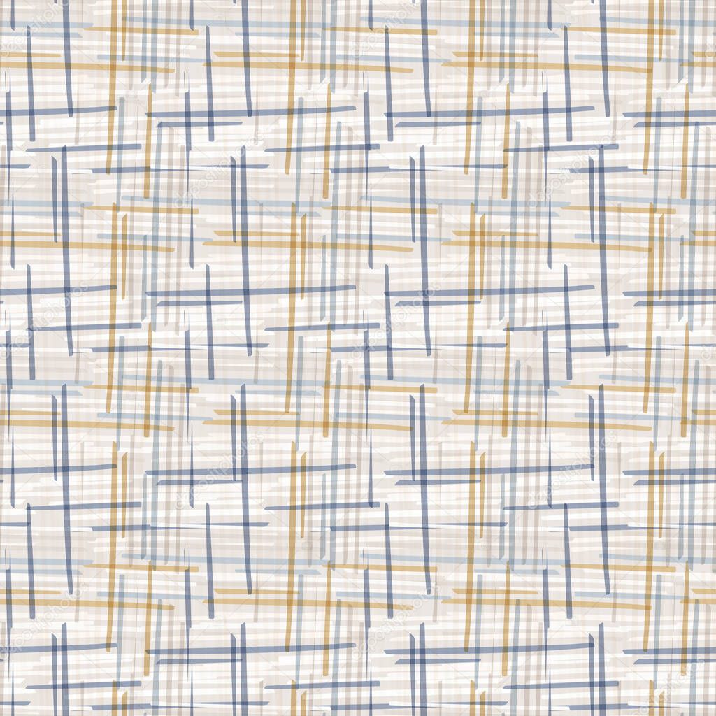 Seamless geometric cross grid pattern. French blue linen shabby chic style. Old yellow blue woven texture background. Interior wallpaper home decor swatch. Modern gingham check textile all over print