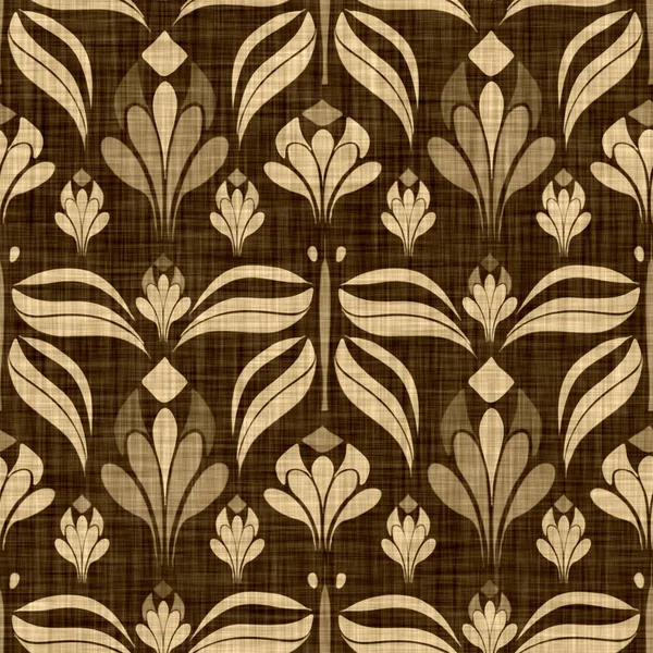 Seamless woven linen damask pattern. Aged sepia tone rustic textile pattern. Burnt umber brown texture background. Rough material fabric effect medallion all over print.