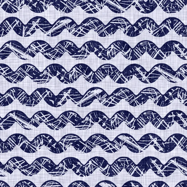 Indigo blue woven wave stripe. Dyed cotton effect texture background. Seamless japanese repeat batik pattern swatch. Distressed tie dye bleach. Asian fusion allover kimono textile. Worn cloth print — Stock Photo, Image