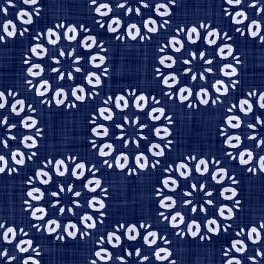 Çivit mavisi blok desenli kumaş boyalı arka plan. Kusursuz örülmüş Japonlar batik kumaş örneklerini tekrarlıyorlar. Çiçeksel organik baskı bezi. Tüm tekstil Asya 'da. 