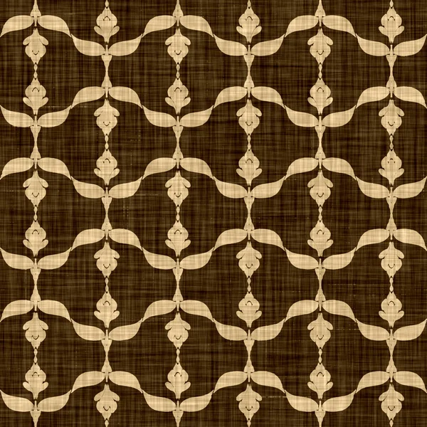 Seamless woven linen damask pattern. Aged sepia tone rustic textile pattern. Burnt umber brown texture background. Rough material fabric effect medallion all over print.