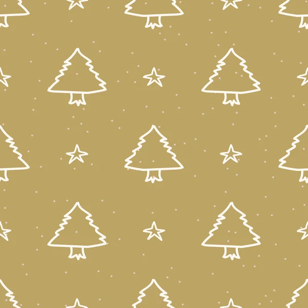没有缝隙的圣诞树，有明星假日的背景。冷杉枝条,单色花纹质感.辛迪节庆圣诞主题背景。时尚的现代季节性礼物包装纸. — 图库矢量图片