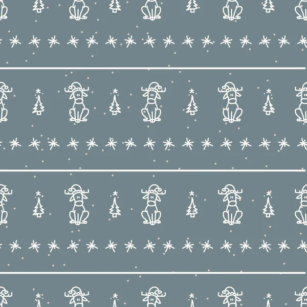 Reno de Navidad sin costuras con fondo de vacaciones de copo de nieve. rama de abeto de abeto patrón monocromo textura. Fondo motivo navidad festivo escandinavo. Elegante papel de regalo de temporada moderno . — Vector de stock