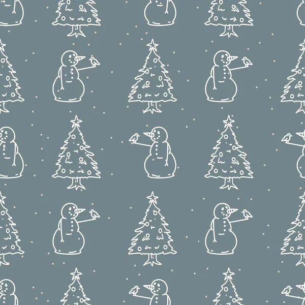 Boneco de neve de inverno sem costura e padrão de fundo de árvore de Natal. Simples gênero neutro creche festivo scrapbook papel digital. Crianças caprichoso bonito cartoon papel de parede todo imprimir . —  Vetores de Stock