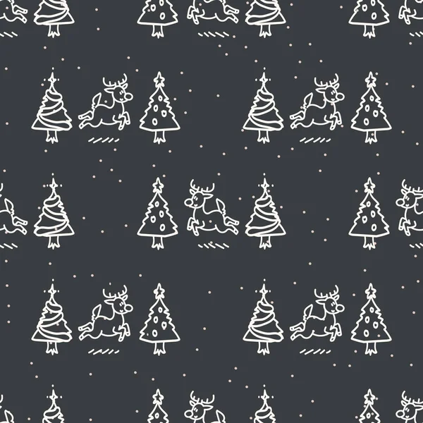 Seamless christmas reindeer and tree holiday background. Fir sprig spruce monochrome pattern texture. Scandi festive christmas motif background. Stylish modern seasonal gift wrapping paper. — Stock Vector