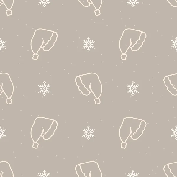 Sömlös jul hatt och snöflinga semester bakgrund. Enkel snö monokrom festlig mönster konsistens. Scandi christmas motiv bakgrund. Snyggt modernt säsongsbetonat presentpapper. — Stock vektor