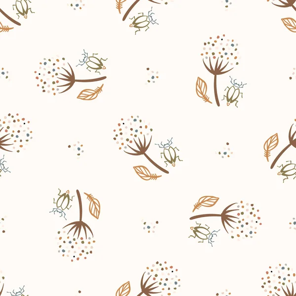 Naadloze achtergrond bloem bug geslacht neutrale baby patroon. Eenvoudige grillige minimale aardse 2 toon kleur. Kinderen kinderdagverblijf behang of boho wild natuur mode helemaal over print. — Stockvector