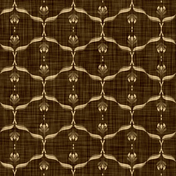 Sömlös vävd linne damast mönster. Åldrad sepia ton rustik textil mönster. Brända umber brun konsistens bakgrund. Hårda material tyg effekt medaljong över hela tryck. — Stockfoto