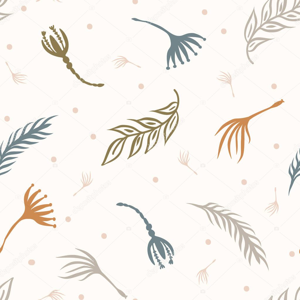 Seamless background gender neutral baby leaf pattern. Simple whimsical minimal earthy 2 tone color. Kids nursery wallpaper or boho foliage fashion all over print.
