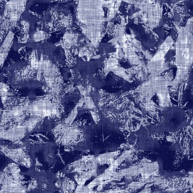 Kusursuz çivit benekli doku. Mavi örülmüş boro pamuk boyalı efekt arka planı. Japonlar batik direncini tekrarlıyor. Sıkıntılı kravat boyası beyazlatıcı. Asya füzyon izin veren kimono tekstili. Giysi izi.