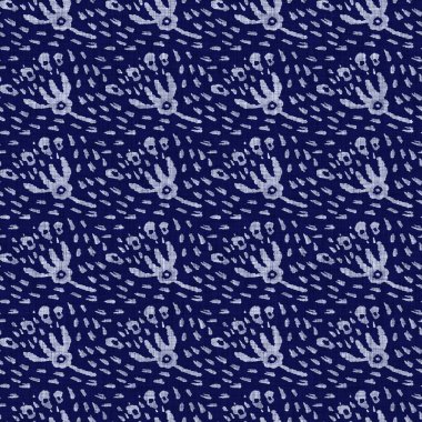 İndigo mavisi çiçek bloğu boyanmış keten desenli arka plan. Kusursuz örülmüş Japonlar batik kumaş örneklerini tekrarlıyorlar. Çiçeksel organik bulanık blok izleri tekstilin her yerinde.