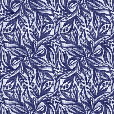 İndigo mavisi çiçek bloğu boyanmış keten desenli arka plan. Kusursuz örülmüş Japonlar batik kumaş örneklerini tekrarlıyorlar. Çiçeksel organik bulanık blok izleri tekstilin her yerinde.