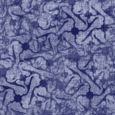 Kusursuz çivit benekli doku. Mavi örülmüş boro pamuk boyalı efekt arka planı. Japonlar batik direncini tekrarlıyor. Sıkıntılı kravat boyası beyazlatıcı. Asya füzyon izin veren kimono tekstili. Giysi izi.