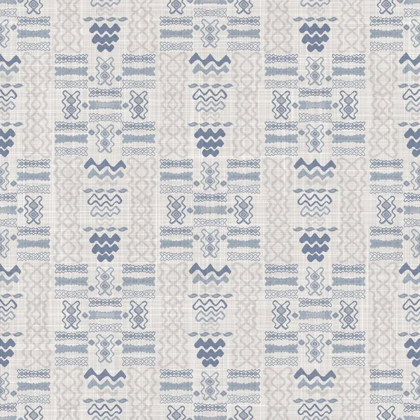 Seamless french farmhouse linen summer block print background. Provence blue gray linen rustic pattern texture. Shabby chic style old woven flax blur. Textile all over print.