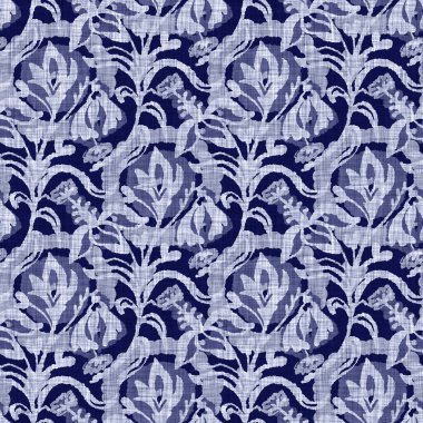 İndigo mavisi çiçek bloğu boyanmış keten desenli arka plan. Kusursuz örülmüş Japonlar batik kumaş örneklerini tekrarlıyorlar. Çiçeksel organik bulanık blok izleri tekstilin her yerinde.