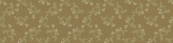 Fondo sin costuras lindo Apatosaurus y follaje dinosaurio género neutral bebé borde patrón. Simple caprichoso mínimo terroso de 2 tonos de color. Decoración de guardería para niños ribete cinta de moda recorte. — Vector de stock