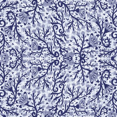 İndigo mavisi çiçek bloğu boyanmış keten desenli arka plan. Kusursuz örülmüş Japonlar batik kumaş örneklerini tekrarlıyorlar. Çiçeksel organik bulanık blok izleri tekstilin her yerinde.