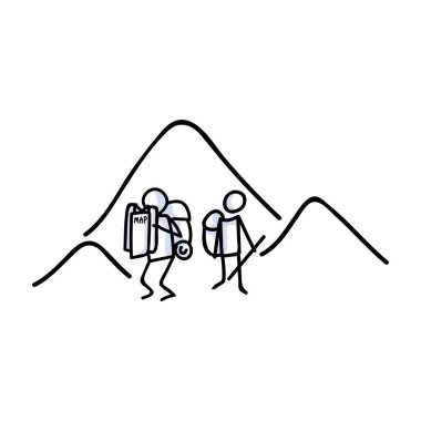 Harita konseptiyle el çizimi stickman yürüyüşü. Tatil için basit bir karalama ikonu, aile seyahati klibi. Basit bir kaçış figürü çizimi. 
