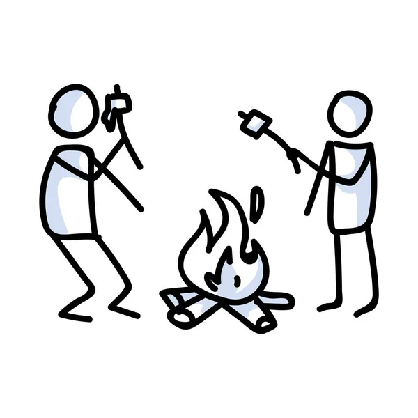 Handgezeichnetes Stickman Braten Marshmallows Konzept. Einfaches Outdoor-Doodle-Symbol für den Aufenthalt, Familienreise Abenteuer Cliparts. Einfache Veranschaulichung von Ausflügen. — Stockvektor