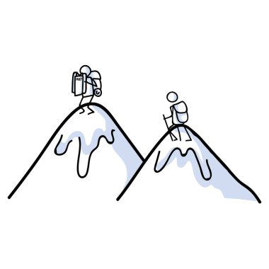 Harita konseptiyle el çizimi stickman yürüyüşü. Tatil için basit bir karalama ikonu, aile seyahati klibi. Basit bir kaçış figürü çizimi. 