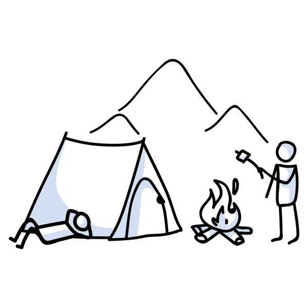 Hand drawn stickman camping tent and campfire concept. Simple outdoor vacation doodle icon for staycation, family travel adventure clipart. Simple getaway figure illustration. — Stock Vector