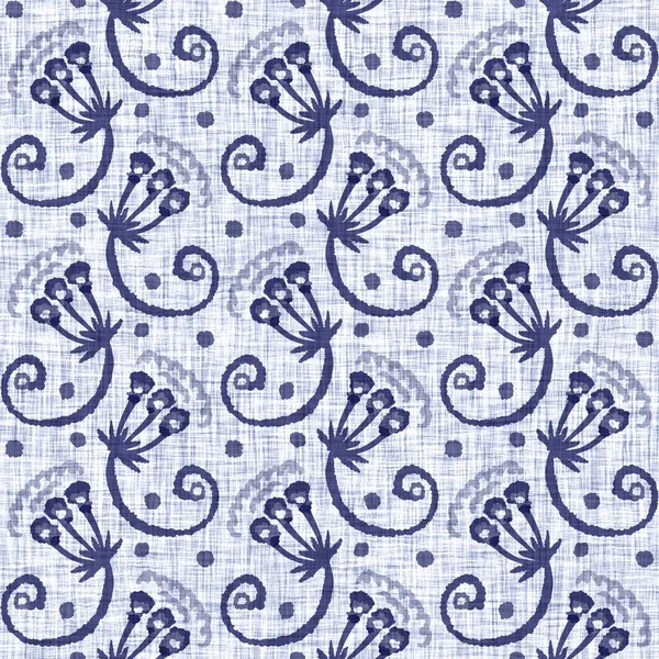 Indigo Blue Blume Block Print Damast gefärbt Leinen Textur Hintergrund. Nahtlos gewebter japanischer Swatch mit Batikmuster. Floraler Bio-Hochdruck auf Textilien. — Stockfoto