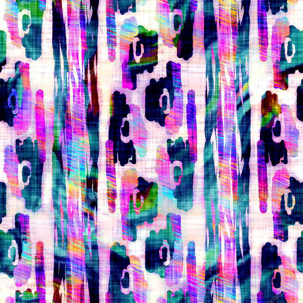 Blurry rainbow glitch camo texture background. Irregular bleeding watercolor tie dye seamless pattern. Ombre distorted boho batik camouflage all over print. Variegated trendy dipping wet effect.