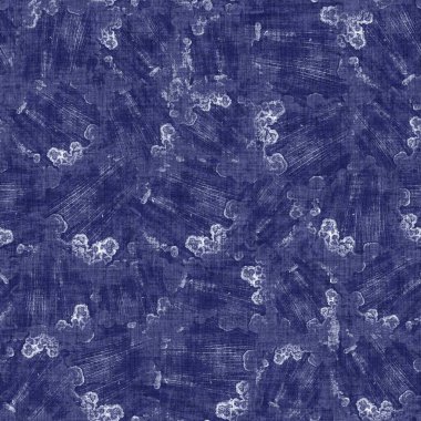 Kusursuz çivit benekli doku. Mavi örülmüş boro pamuk boyalı efekt arka planı. Japonlar batik direncini tekrarlıyor. Sıkıntılı kravat boyası beyazlatıcı. Asya füzyon izin veren kimono tekstili. Giysi izi.