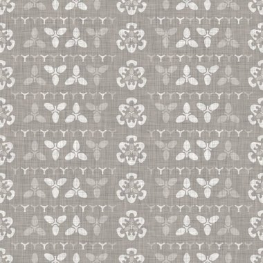 Kusursuz gri Fransız dokuması keten çiçekli arkaplan. Ecru flax kenevir lifleri doğal desen. Organik iplikler kumaş dokuma malzemelerini birbirine yaklaştırır. Ecru grege nötr çiçek kumaşı..