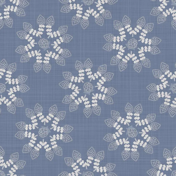 Seamless french farmhouse linen printed floral damask background. Provence blue gray linen pattern texture. Shabby chic style woven blur background. Textile rustic all over print