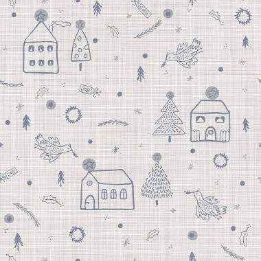 Kusursuz Fransız çiftlik çarşafları kış tatili arka planında basılmış. Provence mavi gri keten desenli doku. Pasaklı şık stil, şenlikli Noel motifli arka plan. Her yerde tekstil kırsalı var.