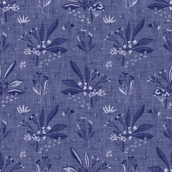 Indigo blue flower block print dyed linen texture background. Seamless woven japanese repeat batik pattern swatch. Floral organic distressed blur block print all over textile.