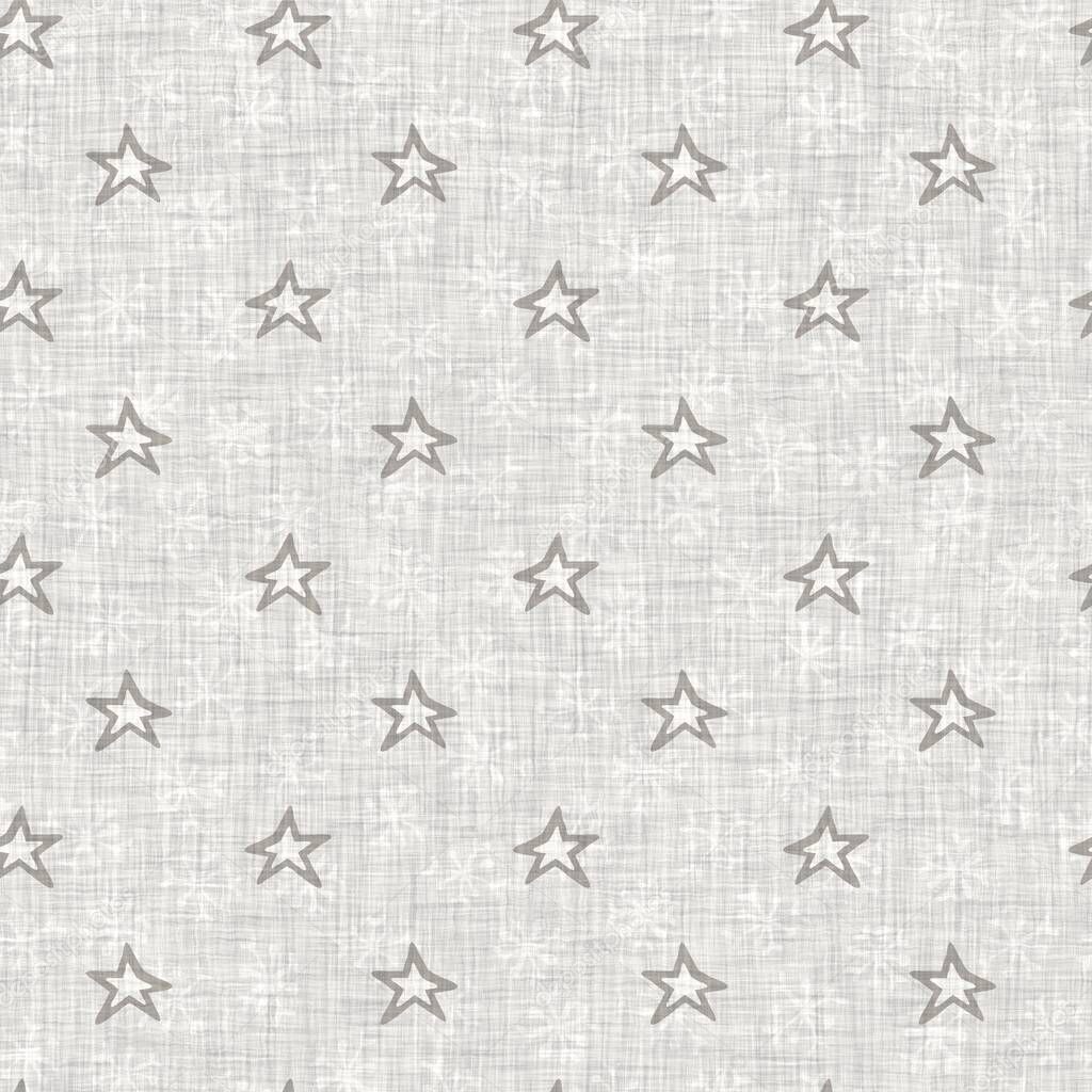 Natural gray french woven linen texture background. Old ecru flax star motif seamless pattern. Rough greige starry block print cloth textured canvas