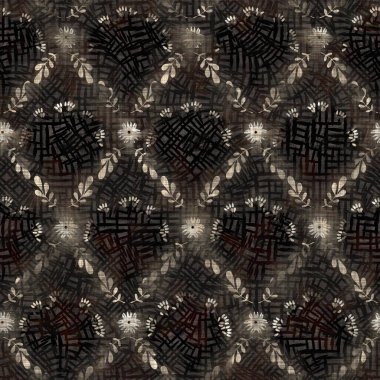 Kusursuz sepia grunge desenli arkaplan. Giyinik çiçek desenli tekstil kumaşı. Hırıltılı, bulanık çarşaflar her yerde. 