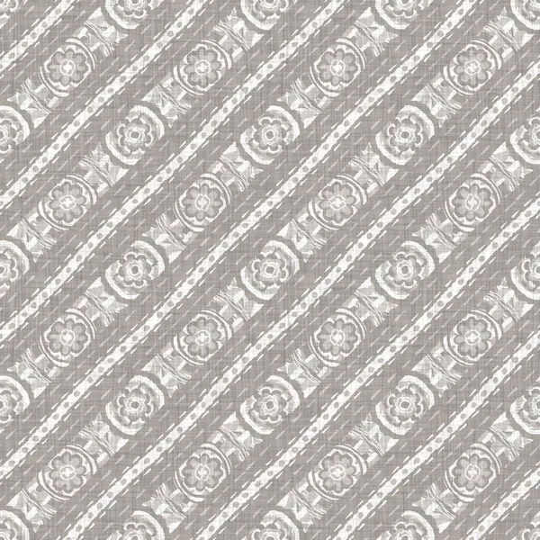 Seamless gray french woven linen floral stripe background. Ecru flax hemp fiber natural pattern. Organic yarn close up weave fabric material. Ecru greige neutral striped flower textile cloth. — Stock Photo, Image