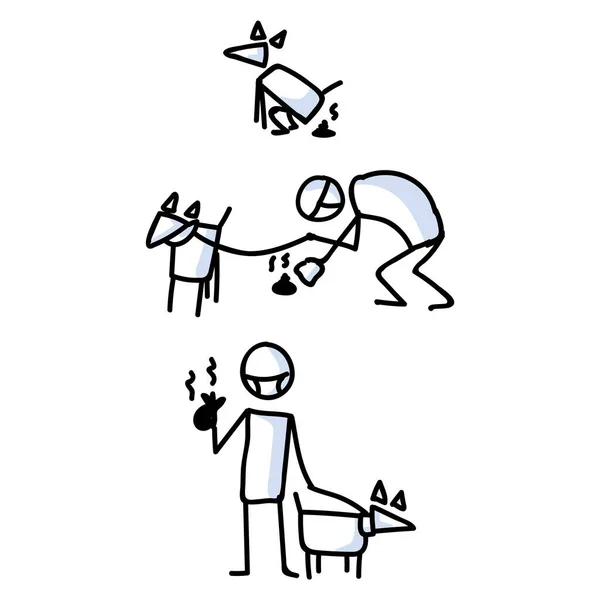 Aranyos pálcika figura kutya takarít fel beállított vektor előfizető. Bujo golyó napló stílusban imádnivaló rajzfilm kiskutya gyalog. Egyszerű kisállat kutyus gondozás illusztráció. EPS 10. — Stock Vector