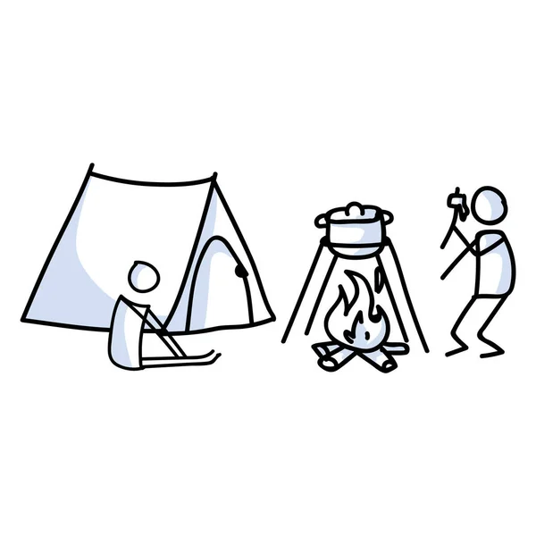 Handdrawn stickman camping tent and campfire concept. Просто иконка для отдыха на свежем воздухе, семейный клип о приключениях. Простая иллюстрация побега. — стоковый вектор