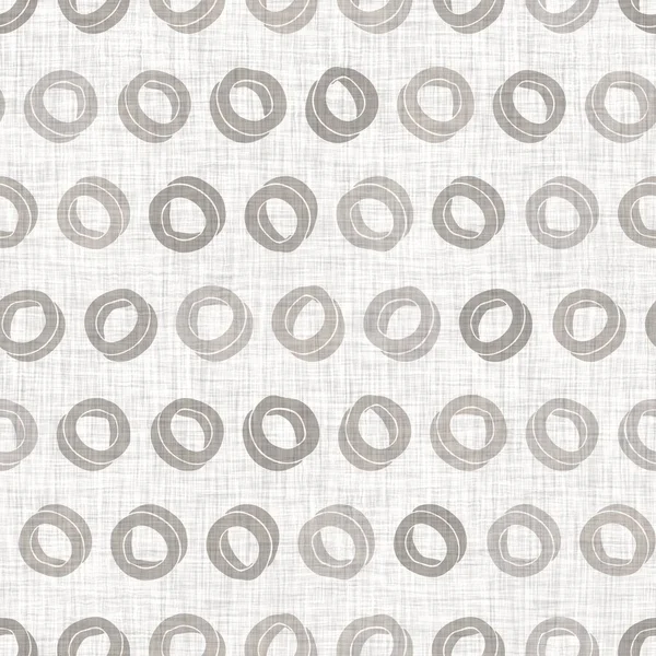 Natural gray french woven linen texture background. Dotty circle eco flax shape motif seamless pattern. Organic yarn close up weave fabric for wallpaper. Rough greige block print cloth textured canvas — Stock Photo, Image