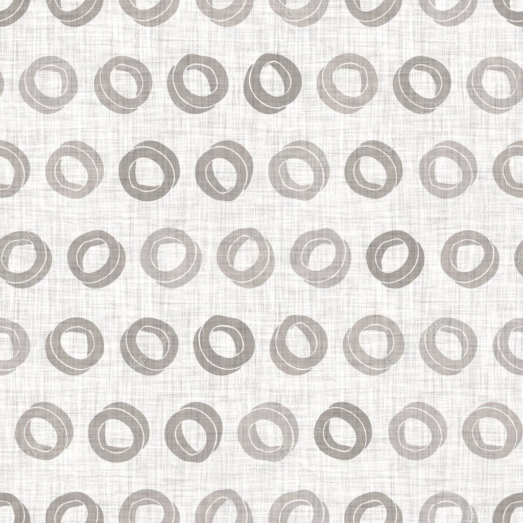 Natural gray french woven linen texture background. Dotty circle eco flax shape motif seamless pattern. Organic yarn close up weave fabric for wallpaper. Rough greige block print cloth textured canvas