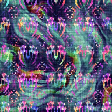 Bulanık suluboya arızası sanatsal motif doku arka planı. Düzensiz kanlı kravat, kusursuz boya deseni. Ombre boho batik 'i her yerde bozmuş. Değişik moda karamsar, koyu batik ıslak efekt.