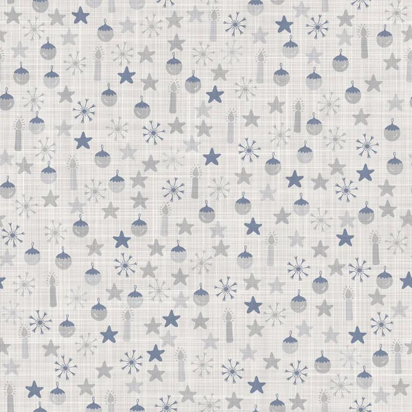 Seamless french farmhouse linen printed winter holiday background. Provence blue gray linen pattern texture. Shabby chic style festive christmas motif background. Textile rustic all over print