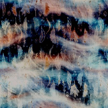 Bulanık suluboya arızası yaratıcı yaprak dokusu geçmişi. Düzensiz kanlı kravat, kusursuz boya deseni. Ombre boho batik 'i her yerde bozmuş. Değişik karamsar kara yaprak ıslak etkisi.