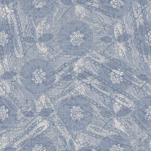 Seamless french farmhouse linen printed floral damask background. Provence blue gray linen pattern texture. Shabby chic style woven blur background. Textile rustic all over print