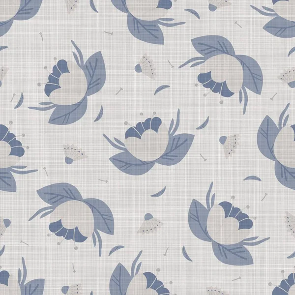 Seamless french farmhouse linen printed floral damask background. Provence blue gray linen pattern texture. Shabby chic style woven blur background. Textile rustic all over print