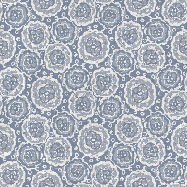 Ferme française sans couture lin imprimé fond damassé floral. Texture motif lin bleu Provence gris. Shabby chic style tissé fond flou. Textile rustique partout imprimer — Photo